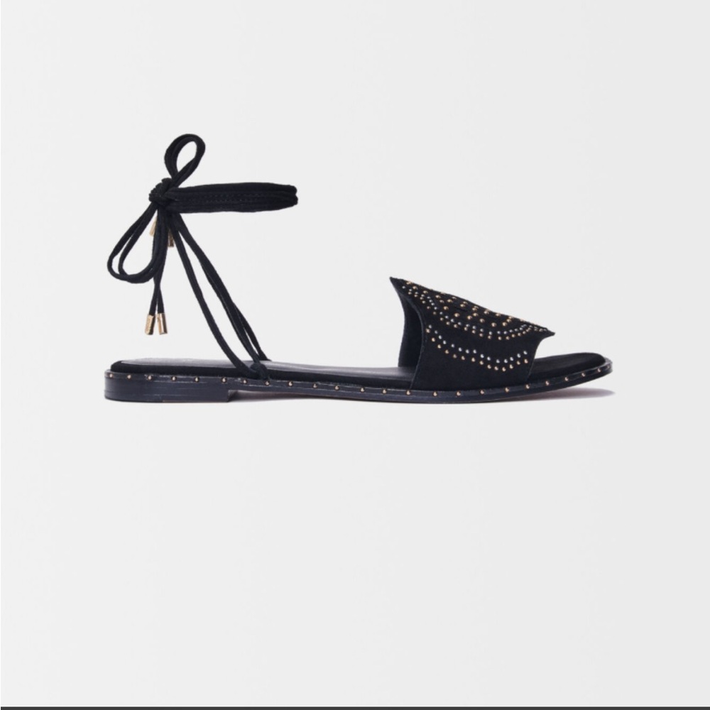 Maje Black Sandals with Ankle Tie and gold logo embellishment